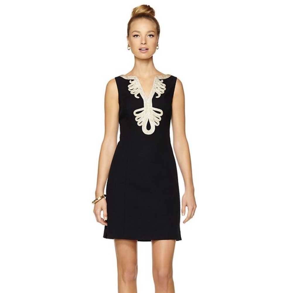Lilly Pulitzer Janice Black Gold Trim Shift Dress Size 6 Scoop Back Above Knee